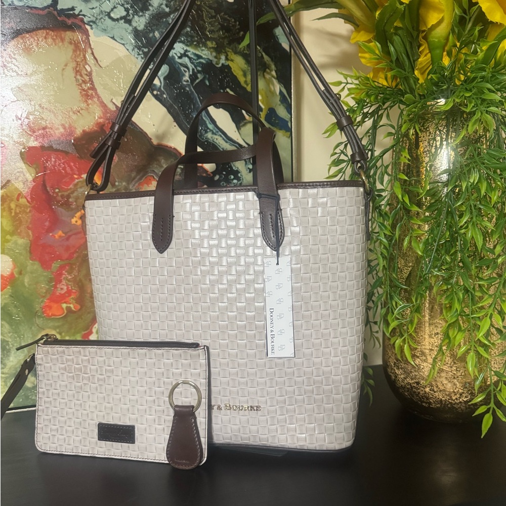 Dooney & Bourke Cream and Brown Woven Tote Set / NWT - Picture 1 of 11